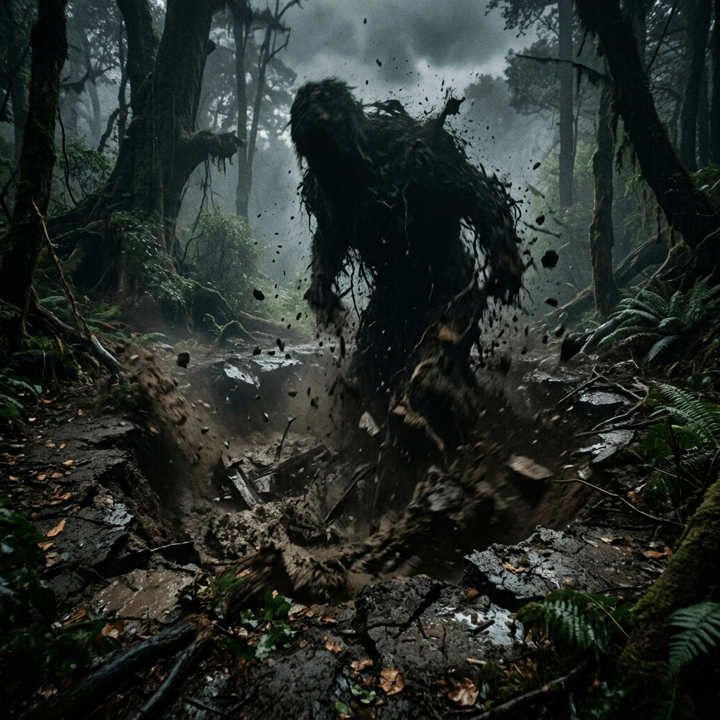 Dark humanoid figure made of mud emerging explosively from forest ground